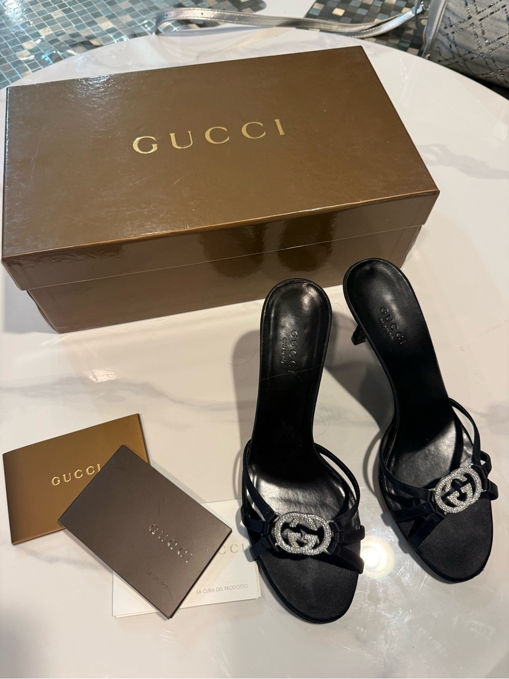 Gucci Black Leather Crystal Interlocking G Slide Heels